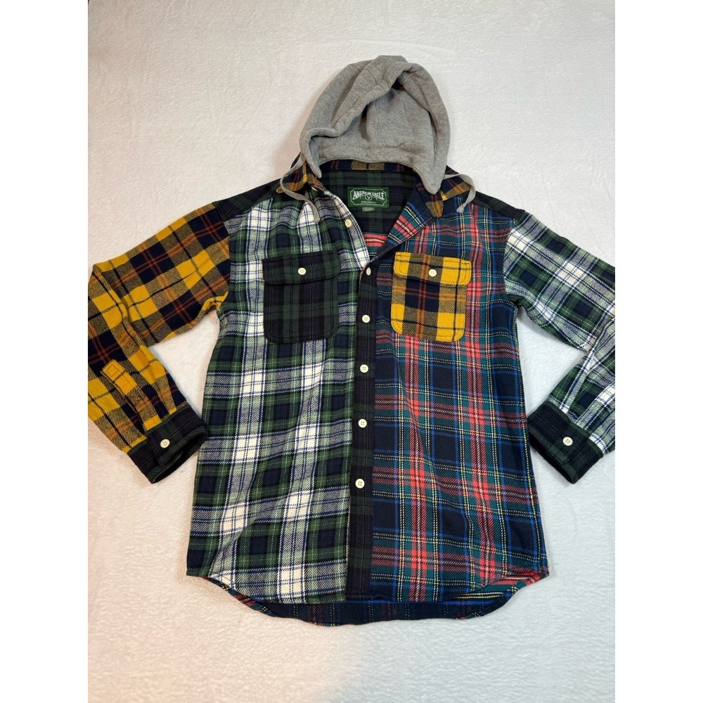 Mens‎ American Eagle AEO Multi-color plaid Casual Shirt removable hood XS